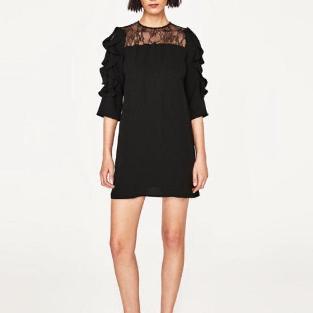 Zara Mini Black Dress Lace Ruffle Sleeves